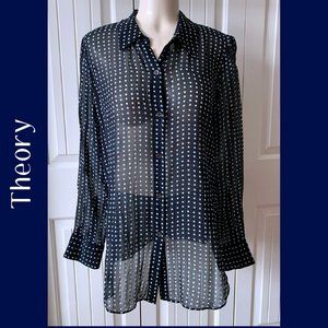 Theory Sunaya Black & White Silk Sheer Button Blouse szL